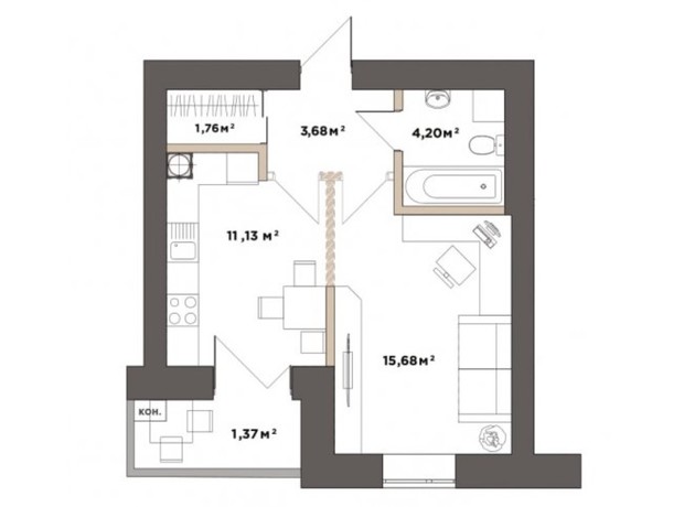 ЖК Park Residence: планування 1-кімнатної квартири 37.82 м²