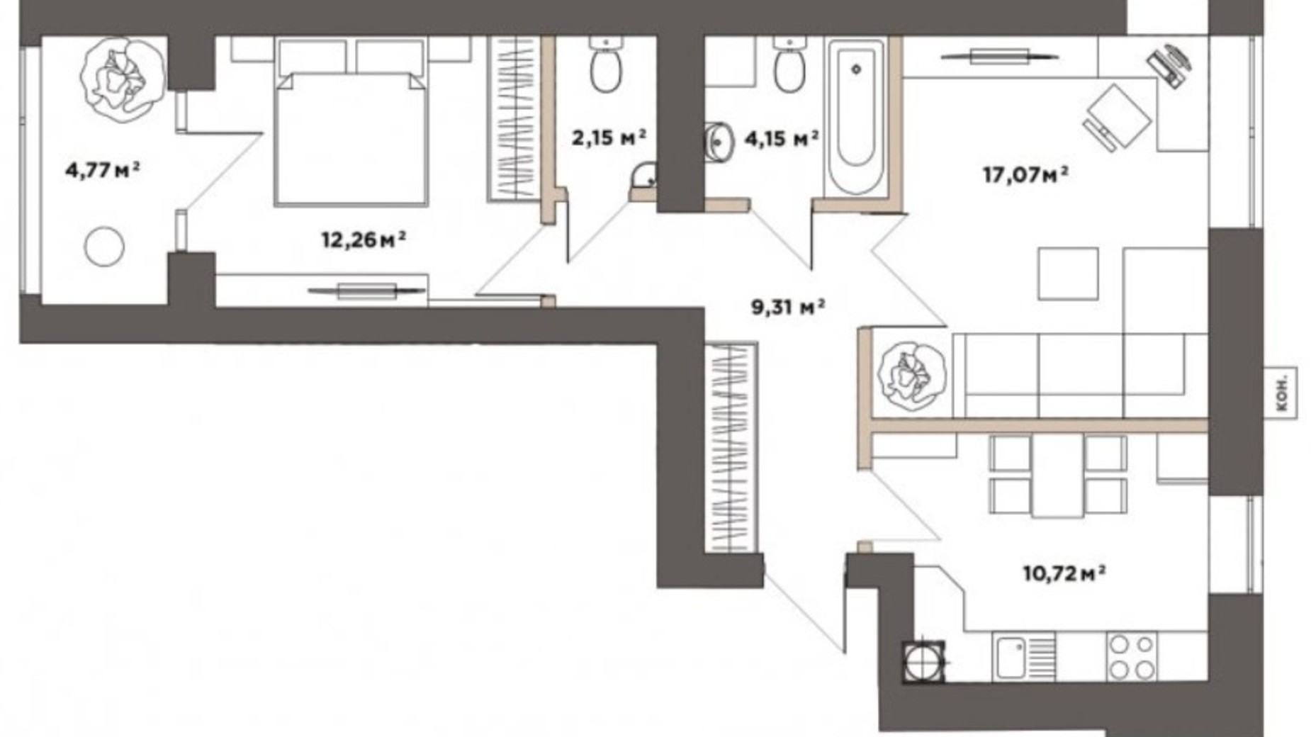 Планировка 2-комнатной квартиры в ЖК Park Residence 60.43 м², фото 519770