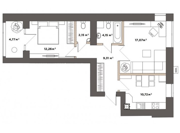 ЖК Park Residence: планировка 2-комнатной квартиры 60.43 м²