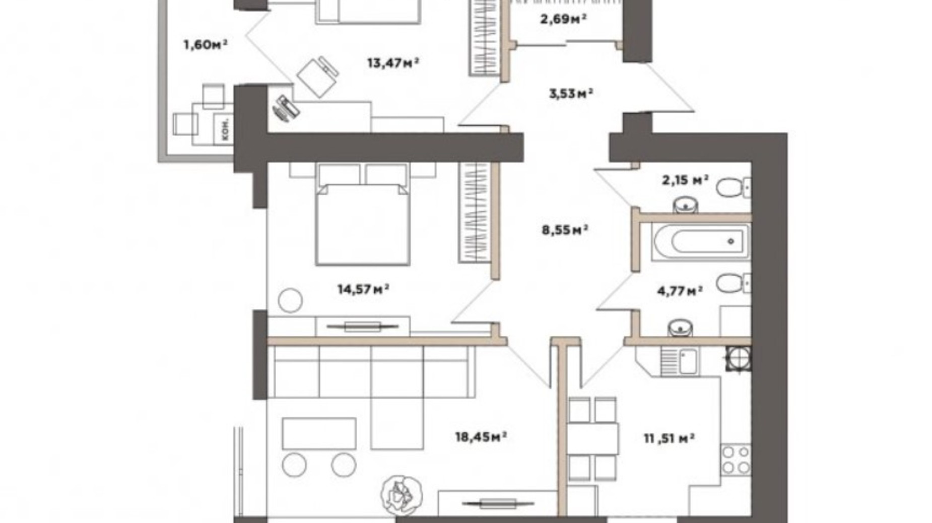 Планировка 3-комнатной квартиры в ЖК Park Residence 81.29 м², фото 519772