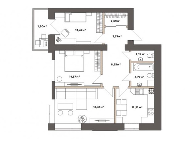 ЖК Park Residence: планування 3-кімнатної квартири 81.29 м²