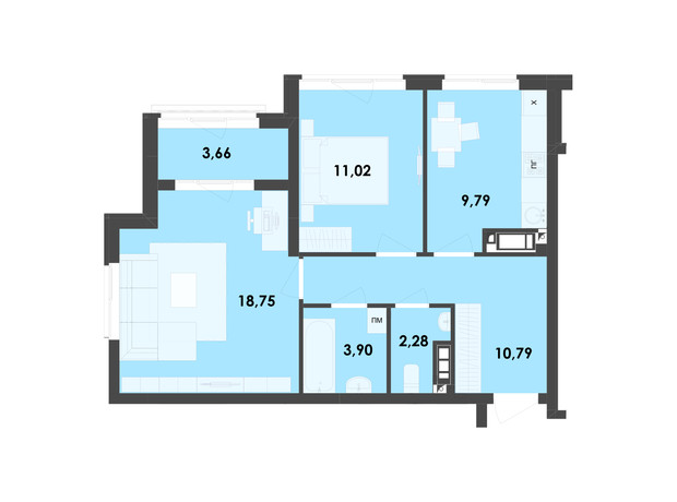 ЖК River City: планировка 2-комнатной квартиры 61 м²