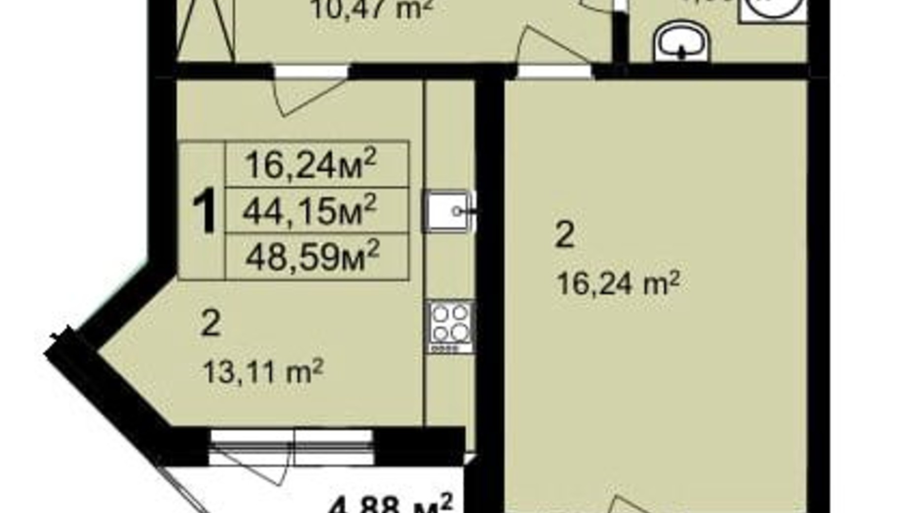 Планування 1-кімнатної квартири в ЖК Q-6 Quoroom Perfect 48.59 м², фото 521158