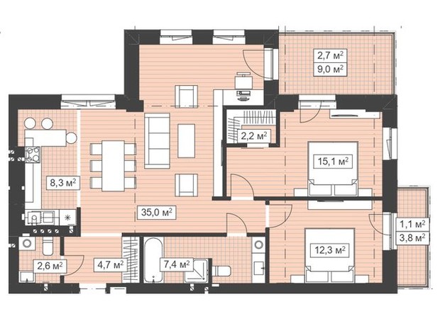 ЖК Q-7 Quoroom Ice: планировка 3-комнатной квартиры 92.5 м²