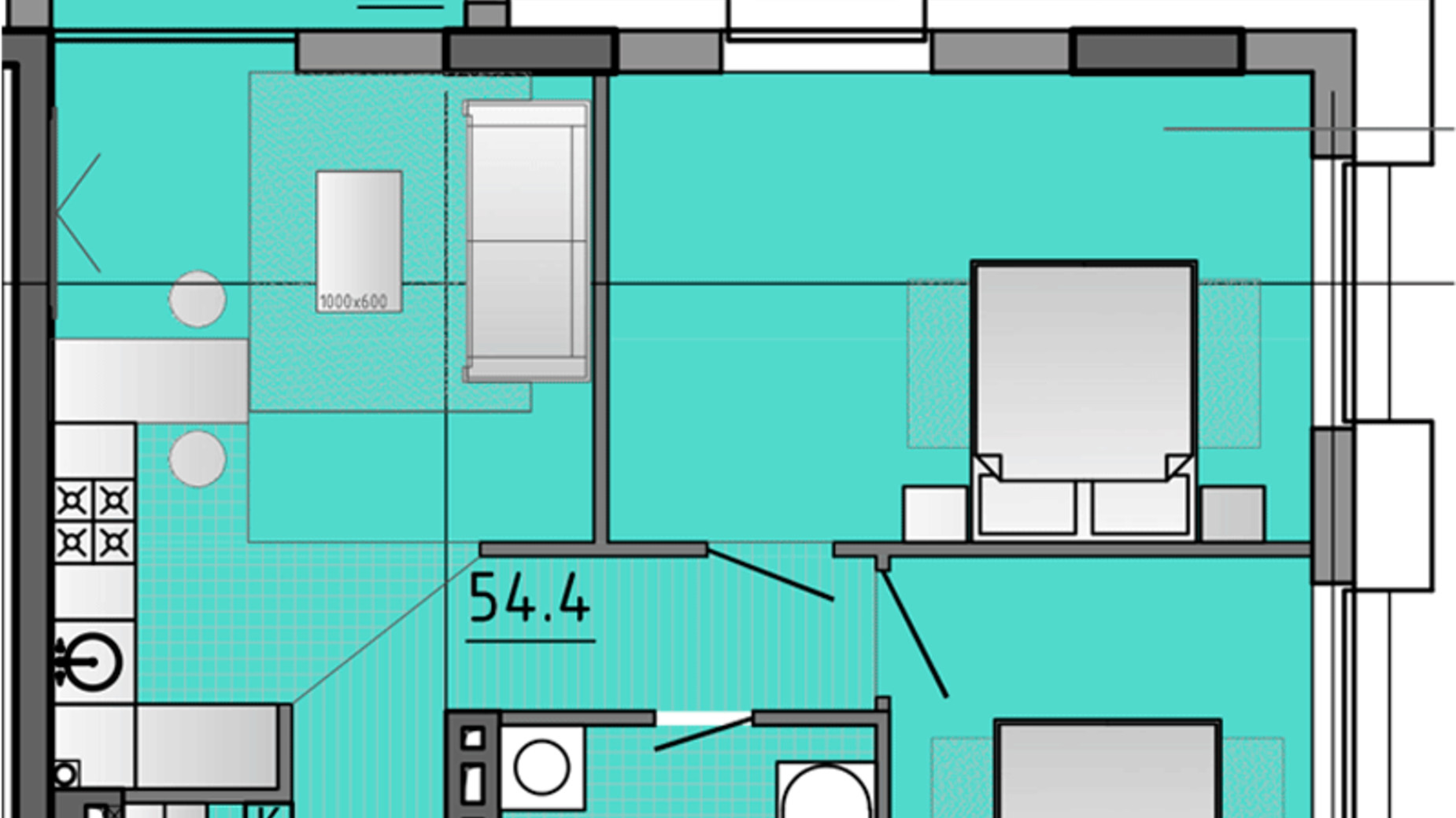 Планировка 2-комнатной квартиры в ЖК Космос 61.6 м², фото 521211