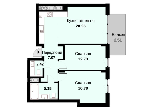 ЖК Княжий Холл: планування 2-кімнатної квартири 75.25 м² ЖК Княжий Холл: планування 2-кімнатної квартири 75.25 м²