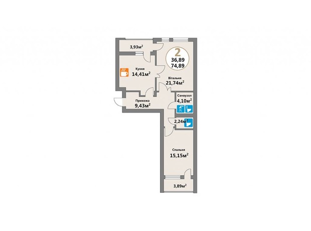 ЖК Эко-дом на Надийний: планировка 2-комнатной квартиры 74.89 м²