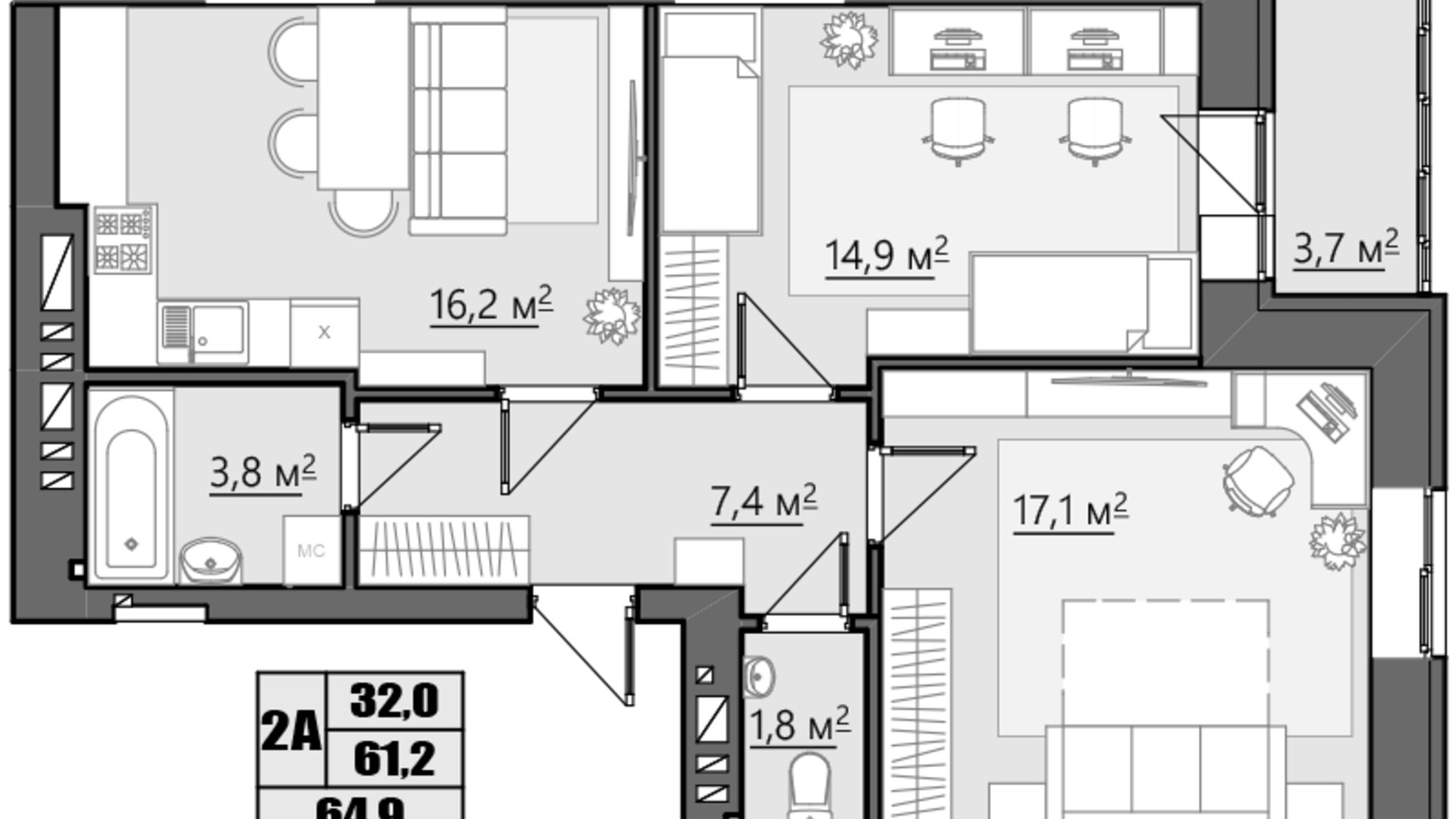 Планировка 2-комнатной квартиры в ЖК Семейный 64.4 м², фото 522472