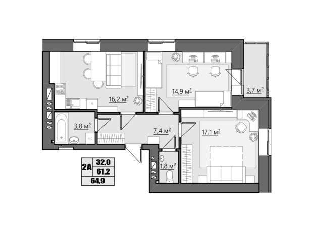 ЖК Сімейний: планування 2-кімнатної квартири 64.4 м²