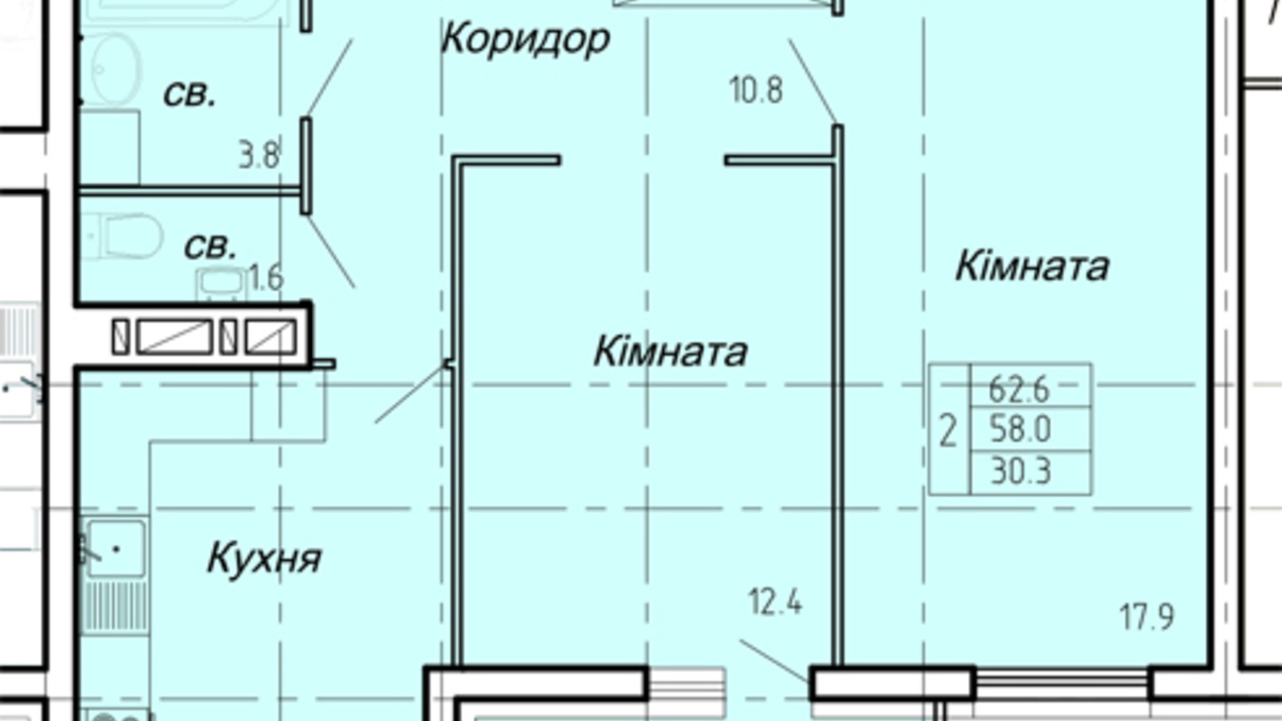 Планировка 2-комнатной квартиры в ЖК Atlanta Tower 62.6 м², фото 523521