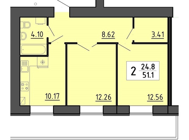Квартал Энергия: планировка 1-комнатной квартиры 51.48 м²