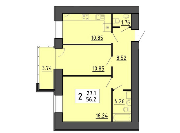 Квартал Энергия: планировка 2-комнатной квартиры 56.2 м²