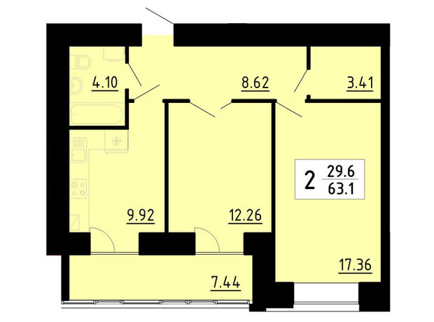 Квартал Энергия: планировка 2-комнатной квартиры 63.1 м²