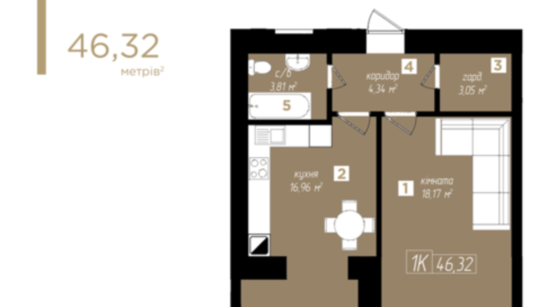 Планування 1-кімнатної квартири в ЖК Молодіжний 46.32 м², фото 524465