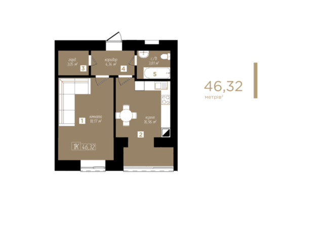 ЖК Молодіжний: планування 1-кімнатної квартири 46.32 м²