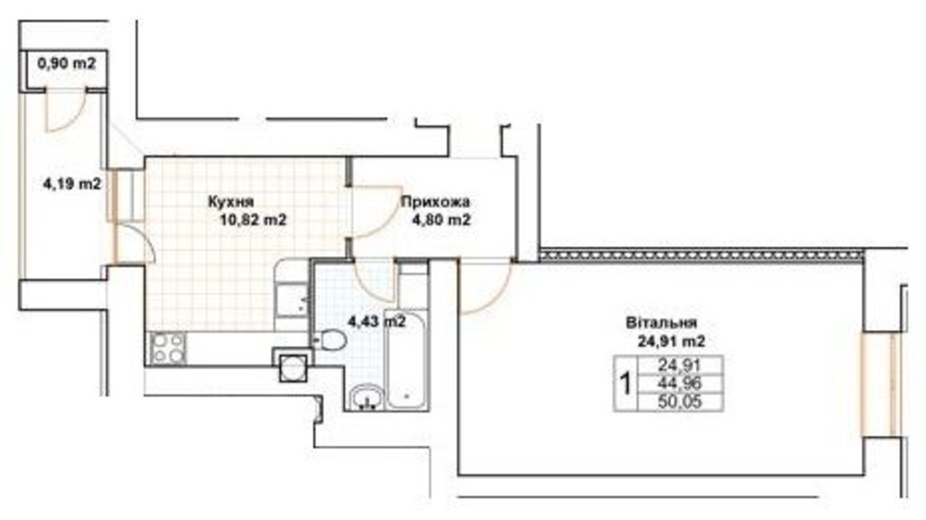 Планировка 1-комнатной квартиры в ЖК Богуслава 51 м², фото 525974
