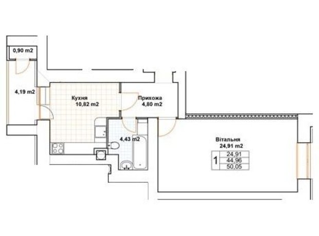 ЖК Богуслава: планування 1-кімнатної квартири 51 м²