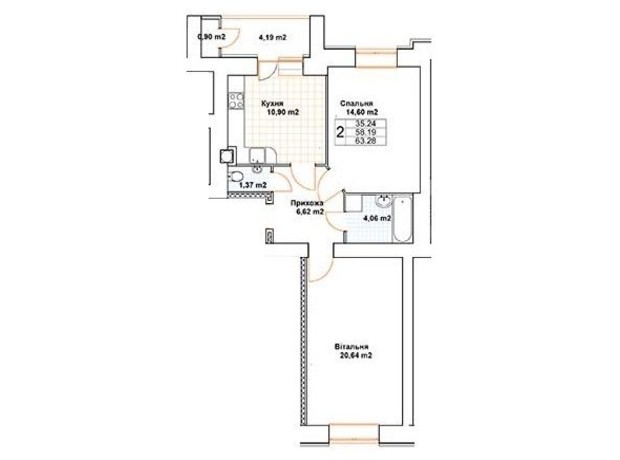 ЖК Богуслава: планування 2-кімнатної квартири 64.9 м²