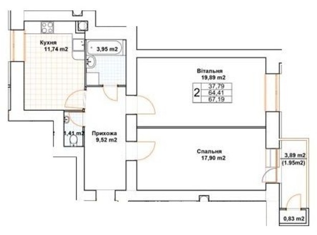 ЖК Богуслава: планування 2-кімнатної квартири 71.1 м²