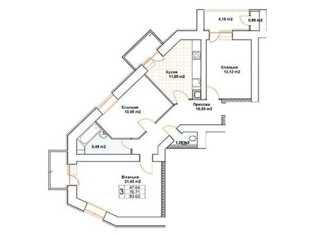 ЖК Богуслава: планировка 3-комнатной квартиры 86.7 м²