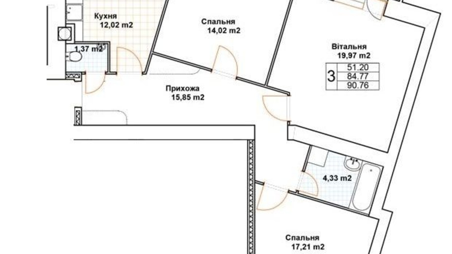 Планування 3-кімнатної квартири в ЖК Богуслава 93.2 м², фото 525987