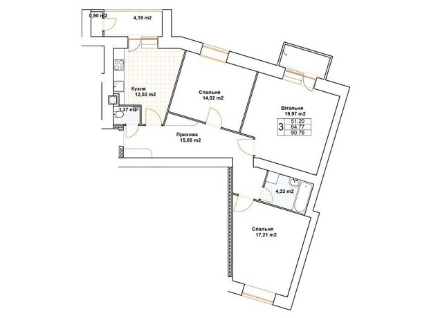 ЖК Богуслава: планування 3-кімнатної квартири 93.2 м²