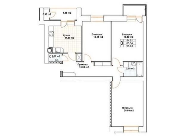 ЖК Богуслава: планування 3-кімнатної квартири 90.5 м²