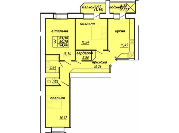 ЖК Оград: планировка 3-комнатной квартиры 96.9 м²