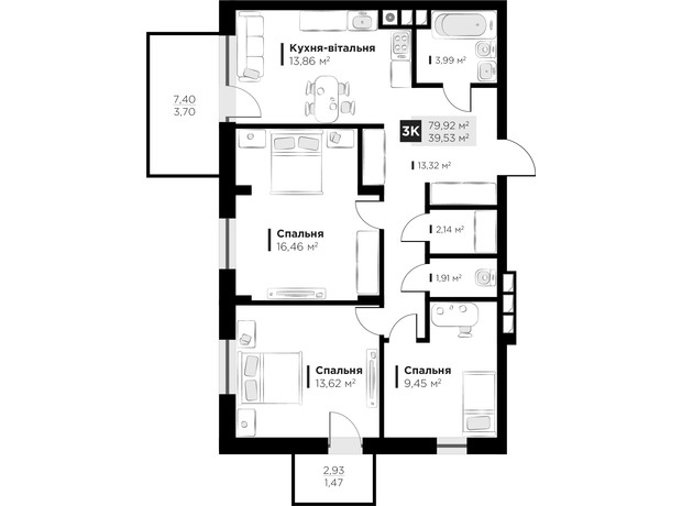 ЖК HYGGE lux: планировка 3-комнатной квартиры 79.92 м²