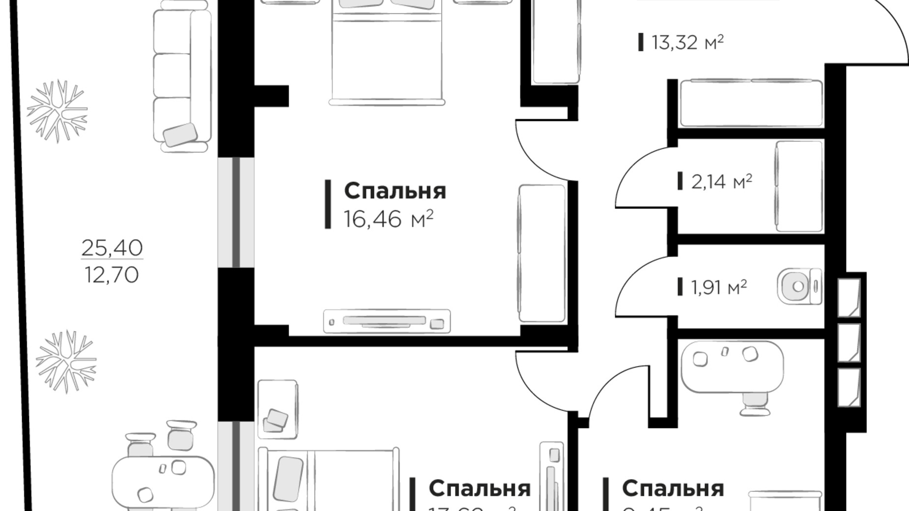 Планування 3-кімнатної квартири в ЖК HYGGE lux 89.01 м², фото 526451