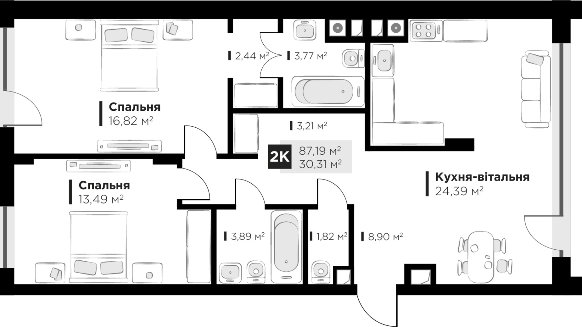 Планировка 2-комнатной квартиры в ЖК HYGGE lux 87.19 м², фото 526454