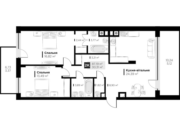 ЖК HYGGE lux: планування 2-кімнатної квартири 87.19 м²