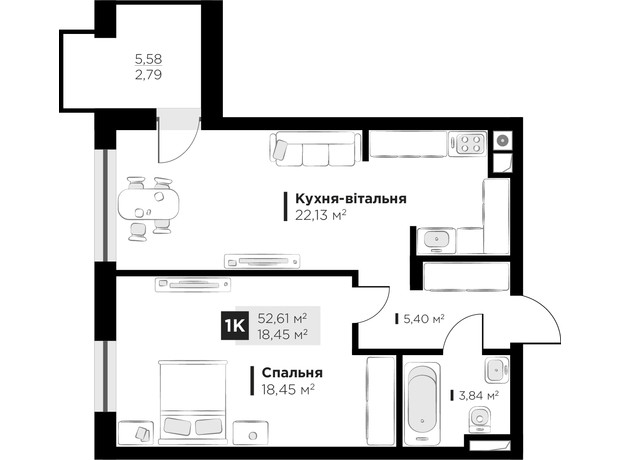 ЖК HYGGE lux: планування 1-кімнатної квартири 52.61 м²
