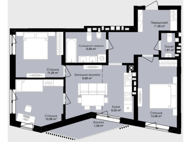 ЖК Okruzhna Hall: планировка 3-комнатной квартиры 74.43 м²