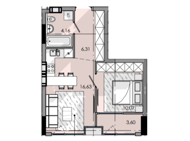 ЖК MARSHALL: планування 1-кімнатної квартири 41.21 м²