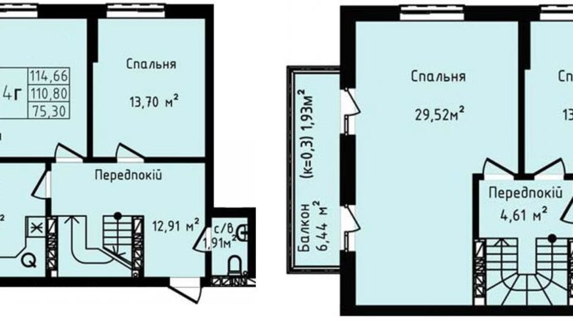 Планування багато­рівневої квартири в ЖК Дніпровський 114.66 м², фото 528417