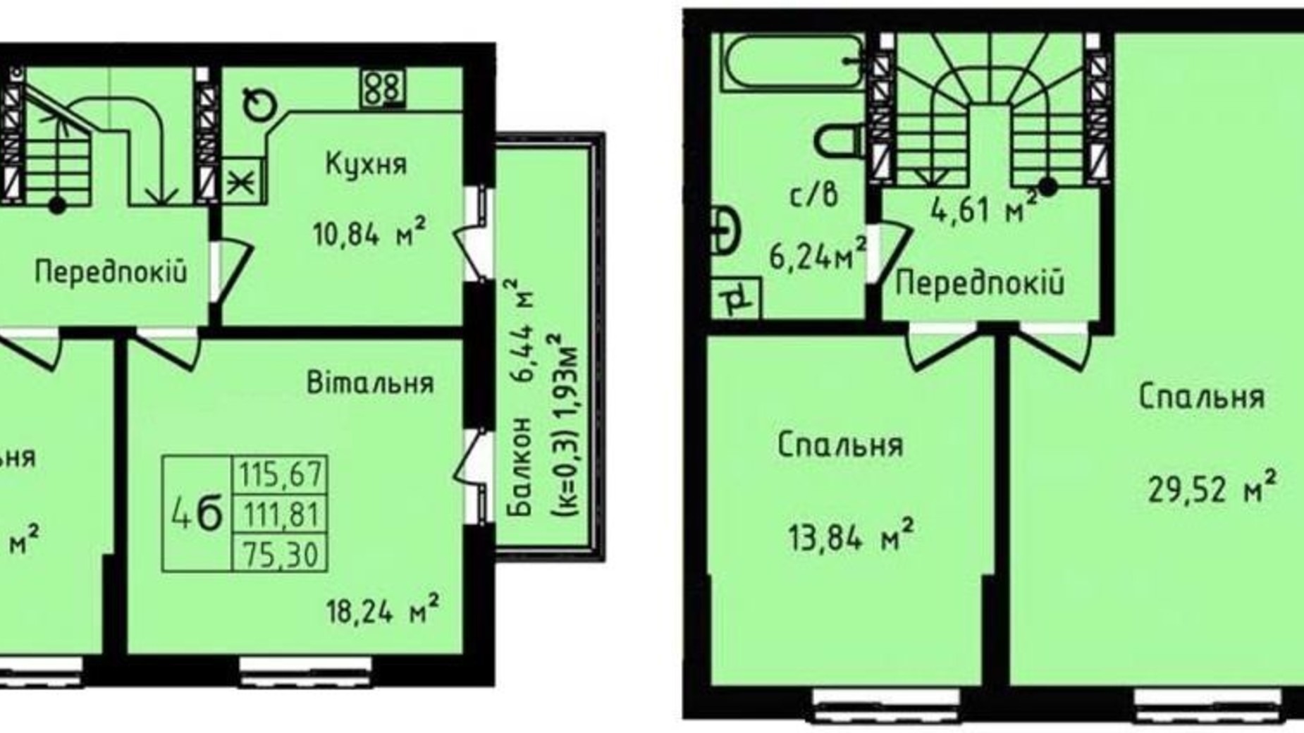 Планування багато­рівневої квартири в ЖК Дніпровський 115.67 м², фото 528429