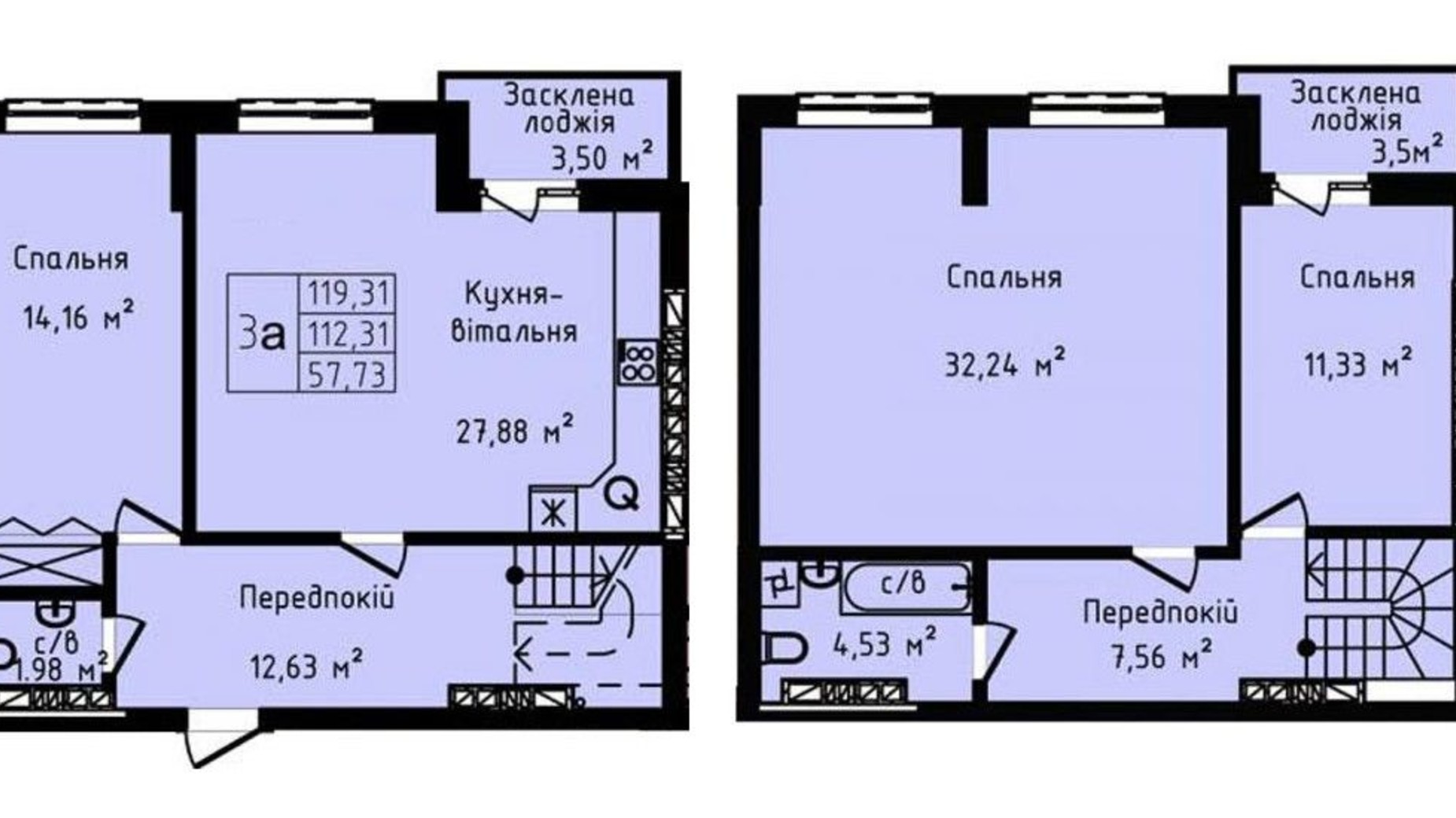 Планування багато­рівневої квартири в ЖК Дніпровський 119.31 м², фото 528431