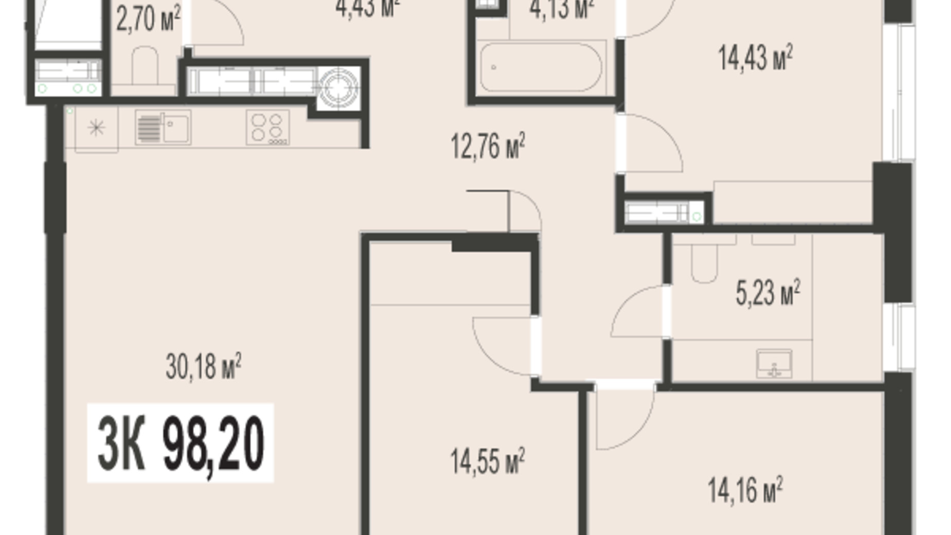 Планування 3-кімнатної квартири в ЖК Trivium 47.5 м², фото 529087