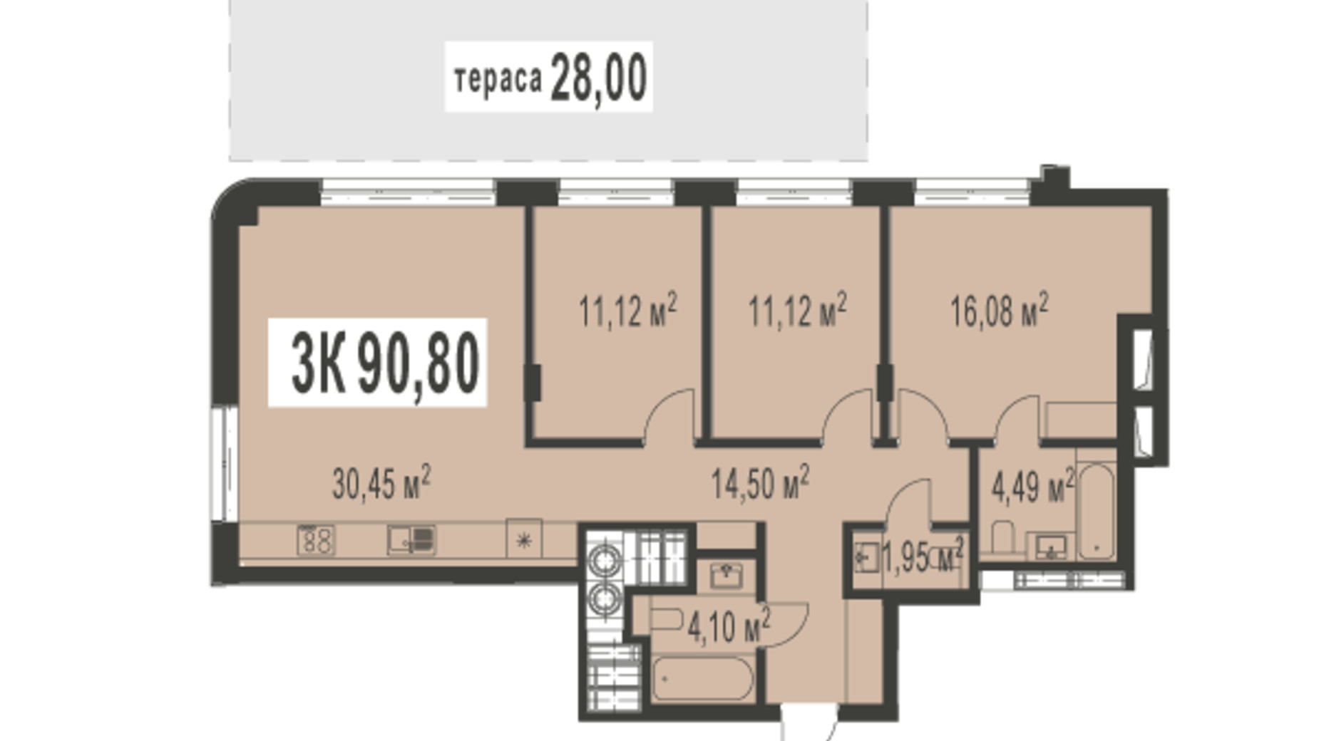 Планировка 3-комнатной квартиры в ЖК Trivium 90.8 м², фото 529088