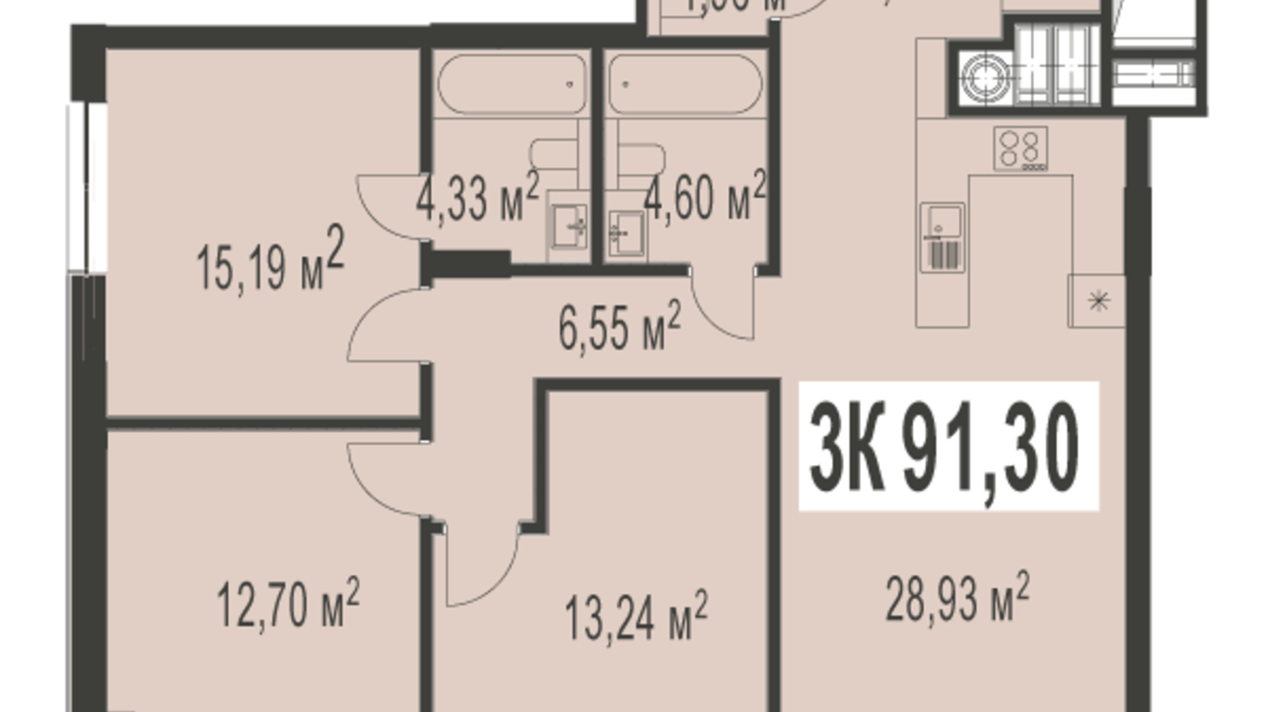 Планировка 3-комнатной квартиры в ЖК Trivium 91.3 м², фото 529093