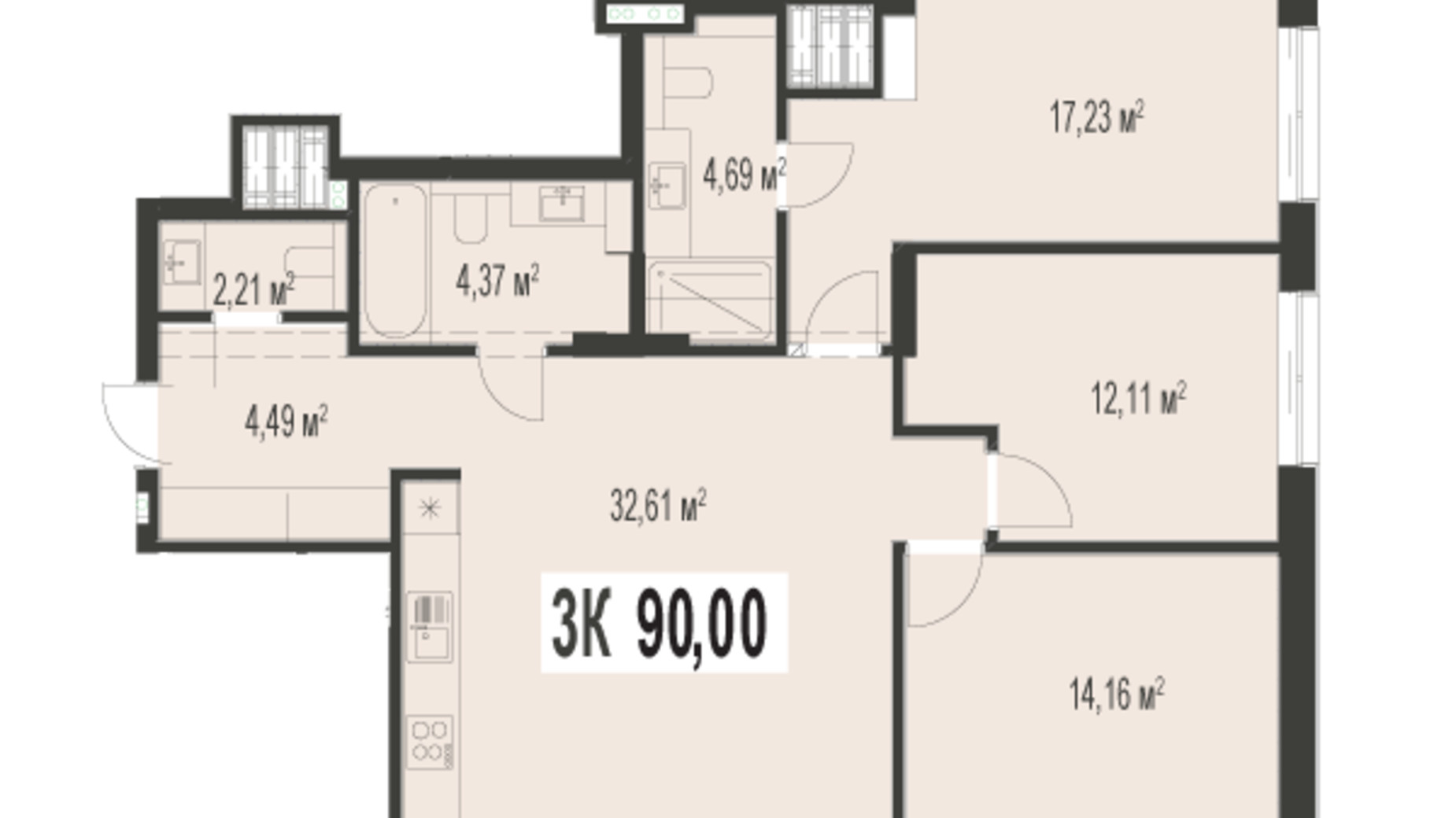 Планування 3-кімнатної квартири в ЖК Trivium 90 м², фото 529094