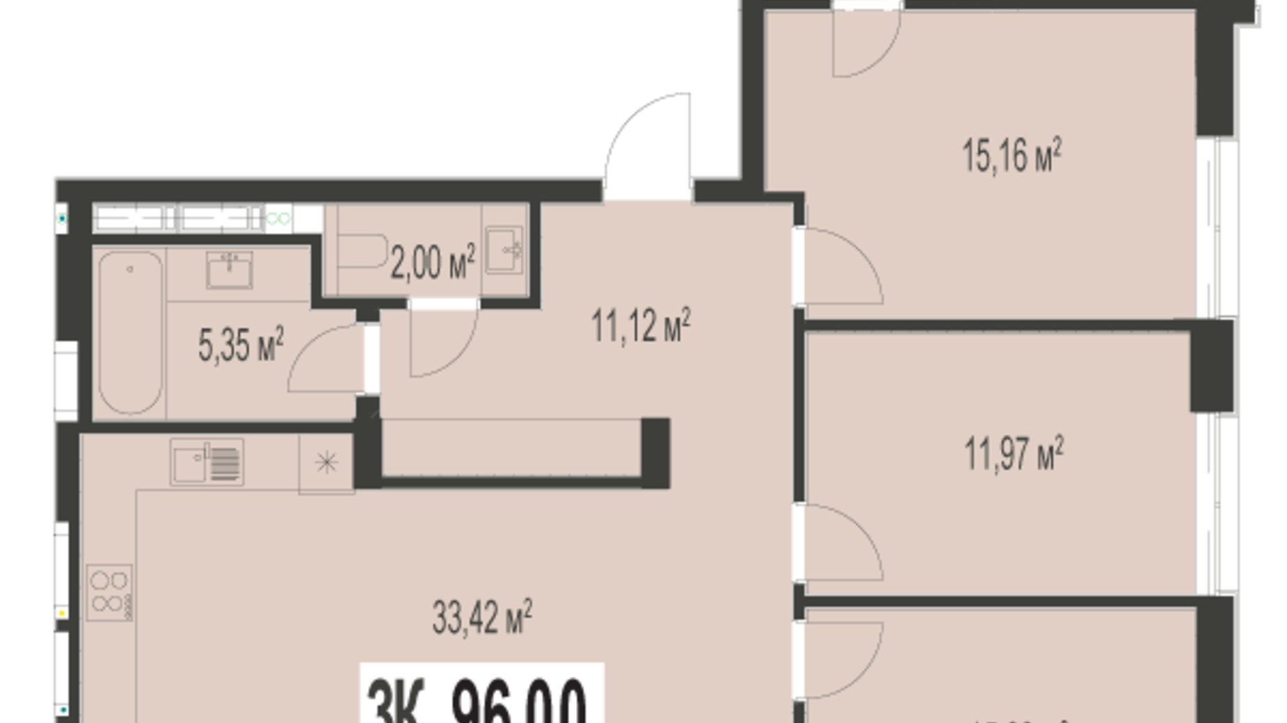 Планировка 3-комнатной квартиры в ЖК Trivium 96 м², фото 529095