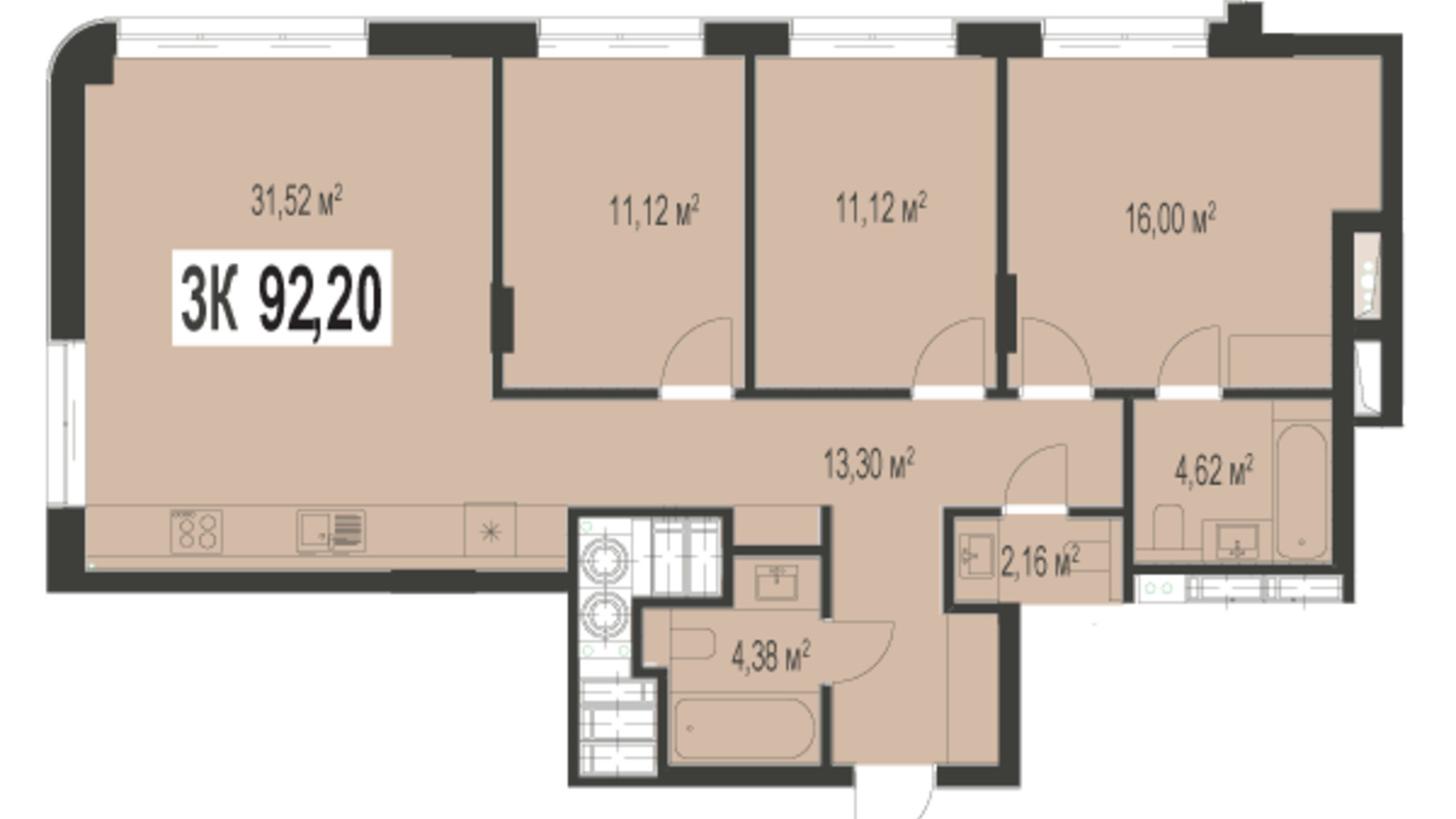 Планування 3-кімнатної квартири в ЖК Trivium 92.2 м², фото 529097