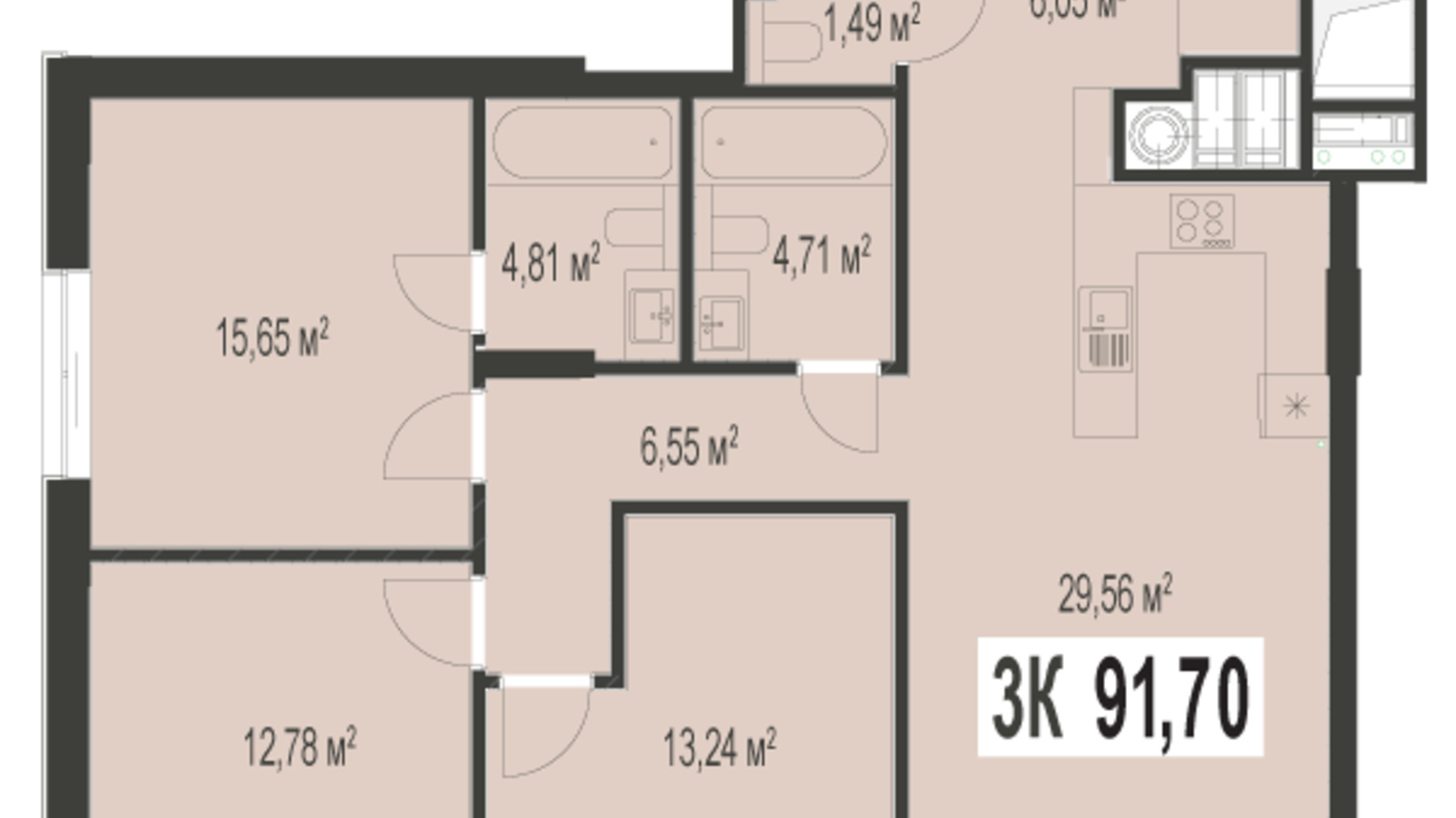 Планировка 3-комнатной квартиры в ЖК Trivium 91.7 м², фото 529099