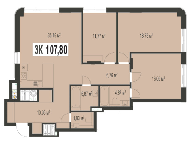 ЖК Trivium: планировка 3-комнатной квартиры 107.8 м²