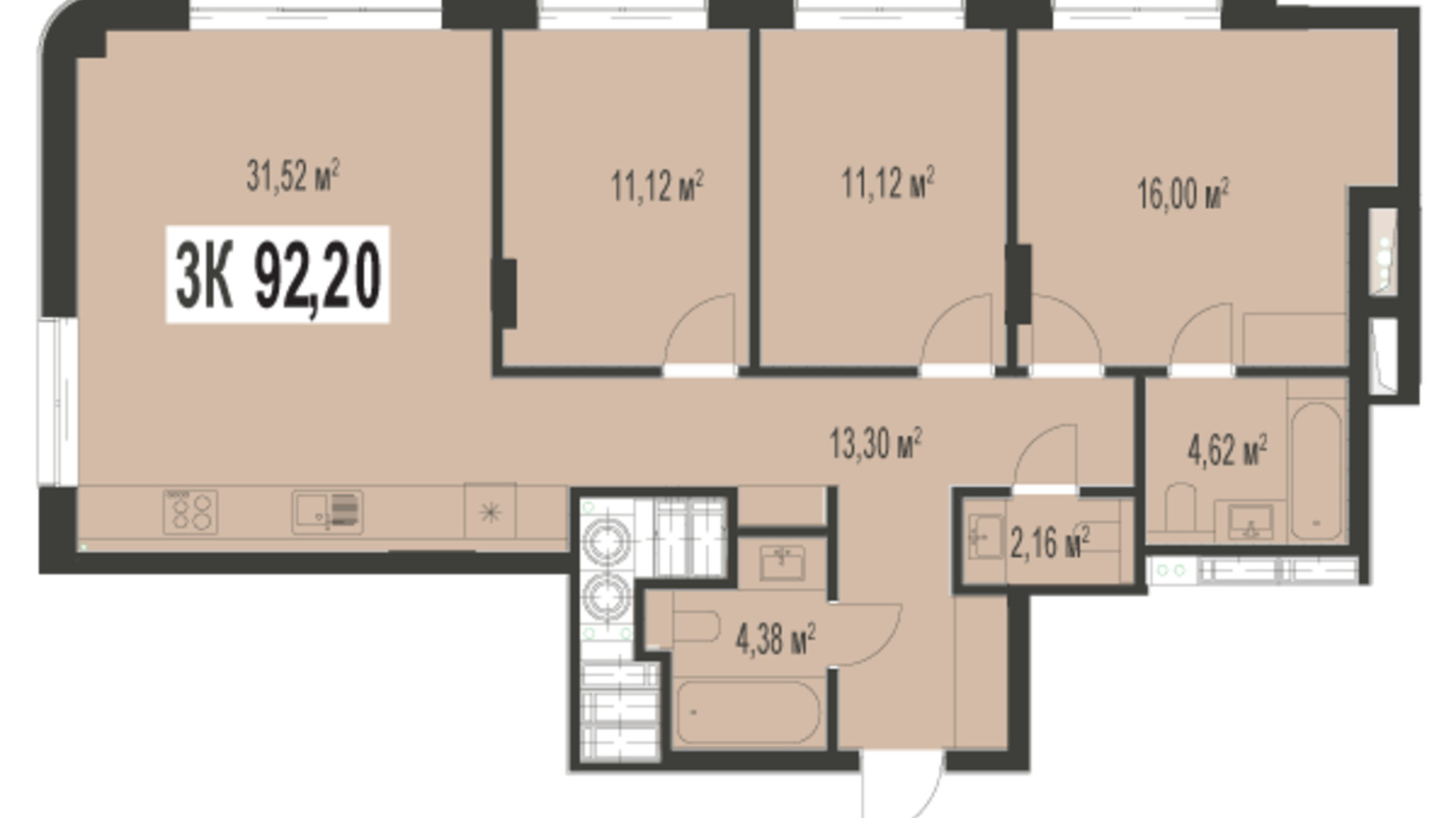 Планування 3-кімнатної квартири в ЖК Trivium 44.6 м², фото 529104