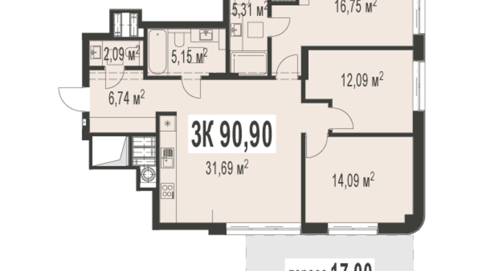 Планування 3-кімнатної квартири в ЖК Trivium 90.9 м², фото 529106