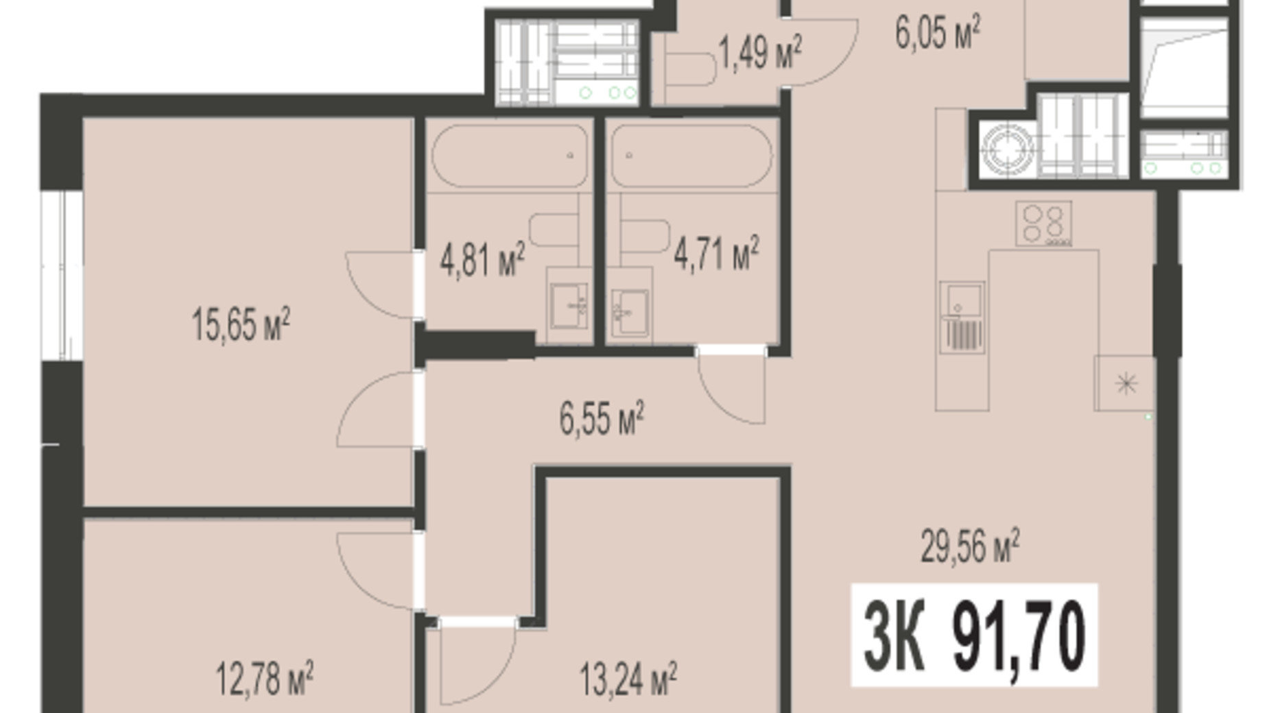 Планировка 3-комнатной квартиры в ЖК Trivium 47 м², фото 529107