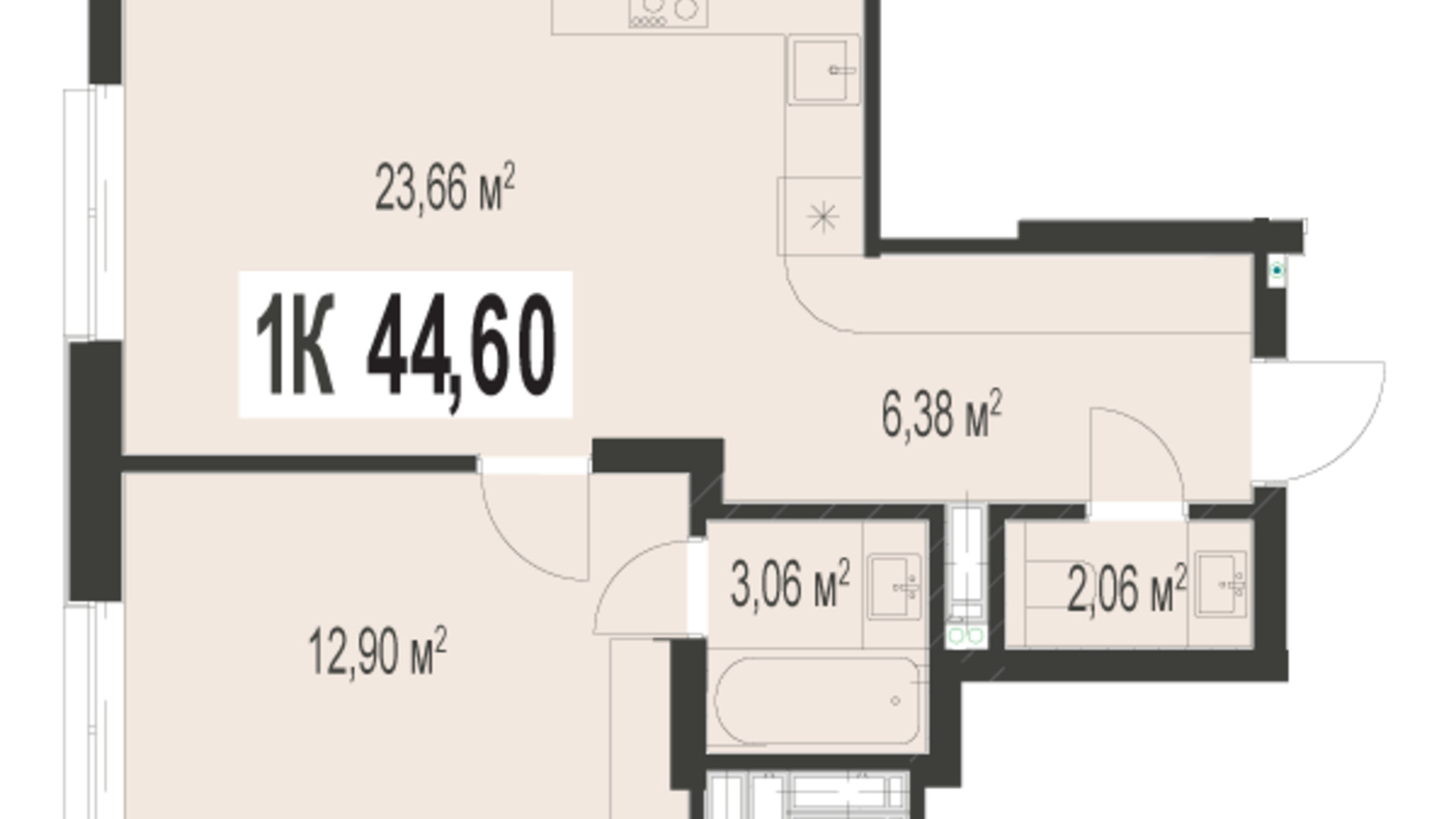Планування 1-кімнатної квартири в ЖК Trivium 44.6 м², фото 529108